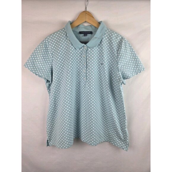 Tommy Hilfiger Womens Polo Golf Shirt Size XXL Light Blue Polka Dot Short Sleeve - Picture 10 of 10